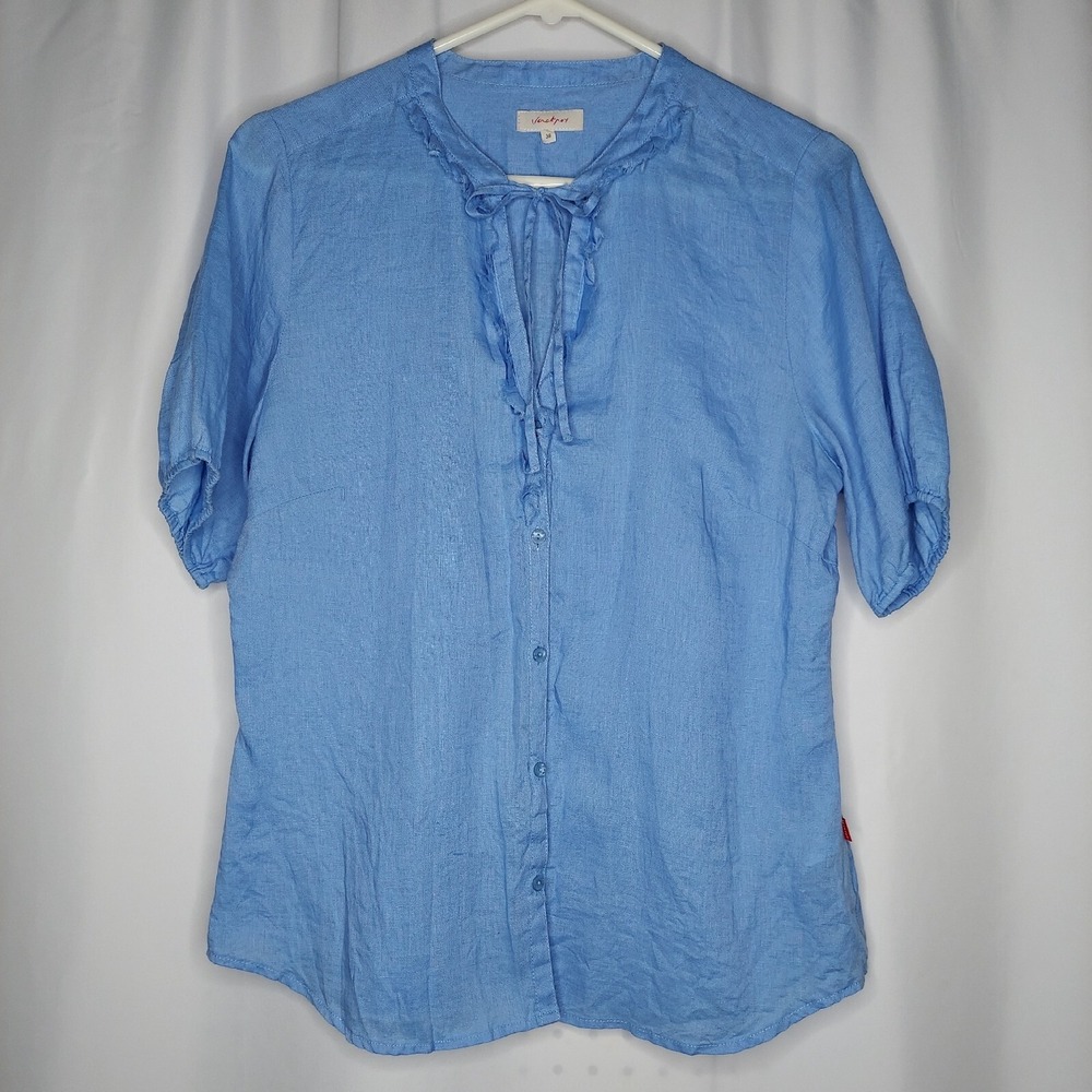 Jackpot Linen Tie Neck Button Top Women Large Puff Tie‎ Ruffle Feminine Coastal